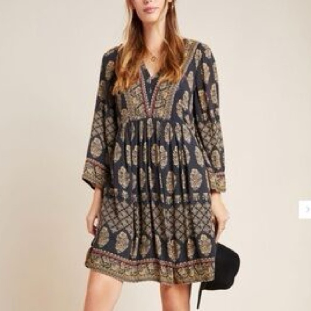 Anthropologie Maeve | Black and Gold Floral Dress size M